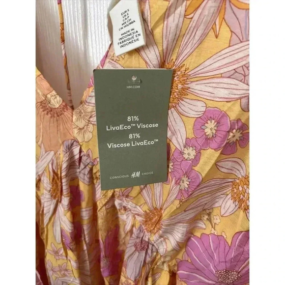 NWT Floral Babydoll Women’s Size S H&M Puff Sleeves V Neck Oversized Pink Yellow - Picture 5 of 13